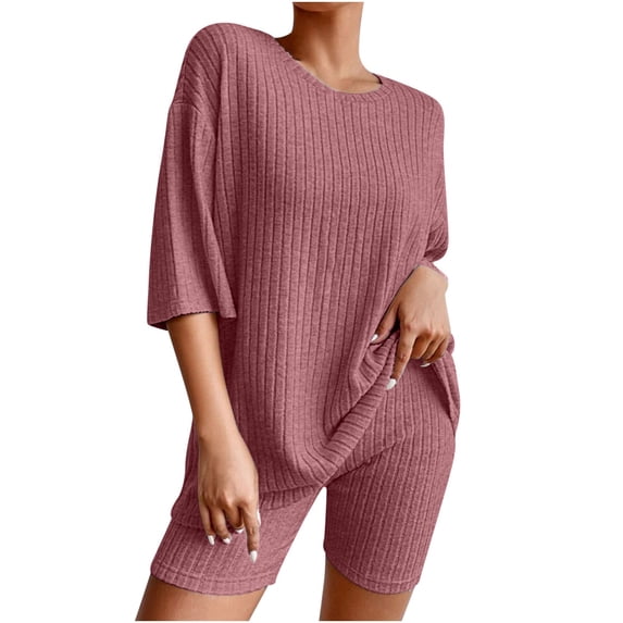 XuJwPNcy Ribbed Knit 2 Pieces Outfits for Women Crewneck Half Sleeve T-Shirts and Biker Shorts Pajamas Lounge Sets