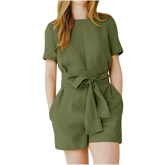 XuJwPNcy Rompers for Women Elegant Short Sleeve Overalls Casual Pockets Belted Jumpsuits Cotton Linen Lounge Outfits