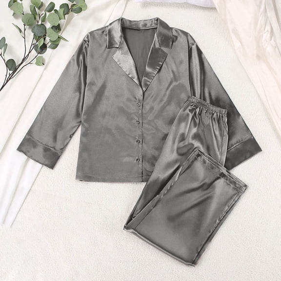 XuJwPNcy Satin Pajama Sets for Women Long Sleeve Lapel V Neck Shirt and Pants 2 Piece Pjs Button Loungewear Sets