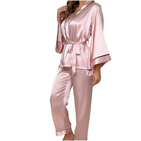 XuJwPNcy Satin Pajamas Set Women's Long Sleeve Sleepwear Belted Loungewear and Pants 2 Piece Silk Pjs Outfits