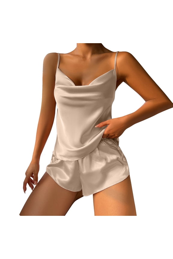 Satin Pajamas Set for Women Soft Comfy Nightwear Sleeveless Cami Top and Shorts 2 Piece Pj Set Sleepwear