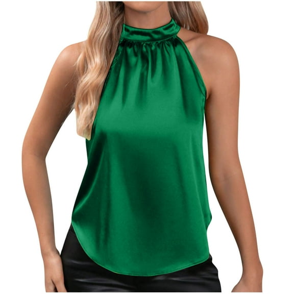 XuJwPNcy Satin Tops for Women Mock Neck Sleeveless Work Office Blouse Summer Fashion Curvy Hem Pleated Shirts