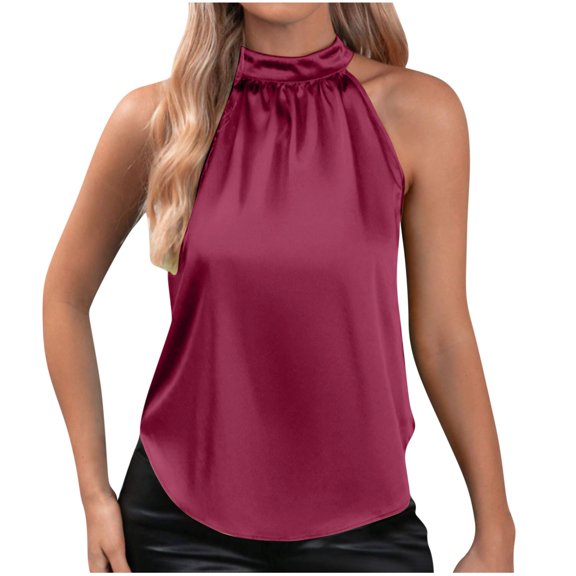 XuJwPNcy Satin Tops for Women Mock Neck Sleeveless Work Office Blouse Summer Fashion Curvy Hem Pleated Shirts