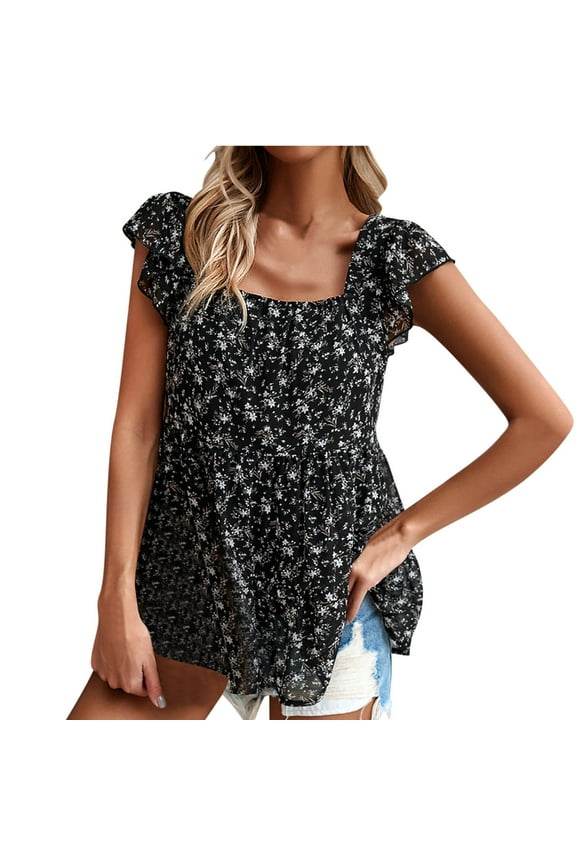 Shirts for Women Ruffle Sleeve Square Neck Babydoll Tops Floral Blouse Casual Summer Tees