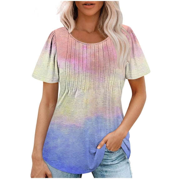 Yuzhih Short Sleeve Shirts for Women Round Neck Dressy Casual Tops 2024 Fashion Pleated Front Summer Blouses
