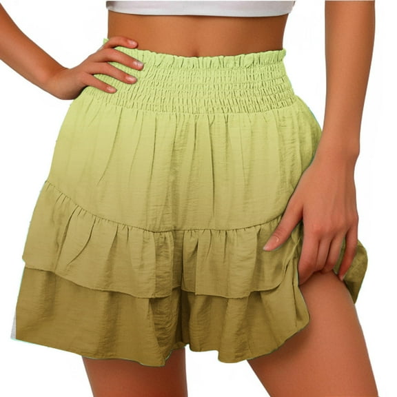 Yuzhih Shorts for Women Smocked High Waisted Ruffle Shorts Pleated Hem Summer Beach Vacation Pants