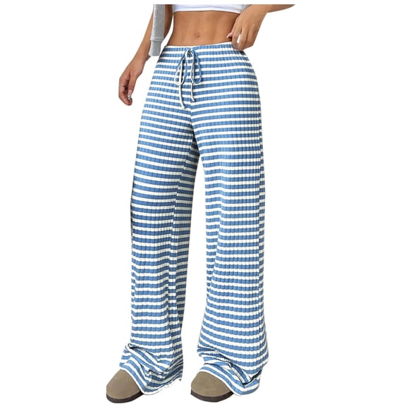 XuJwPNcy Striped Wide Leg Pajama Pants Women High Waisted Ribbed Knit Elastic Waist Lounge Comfy Loose Fit Pants
