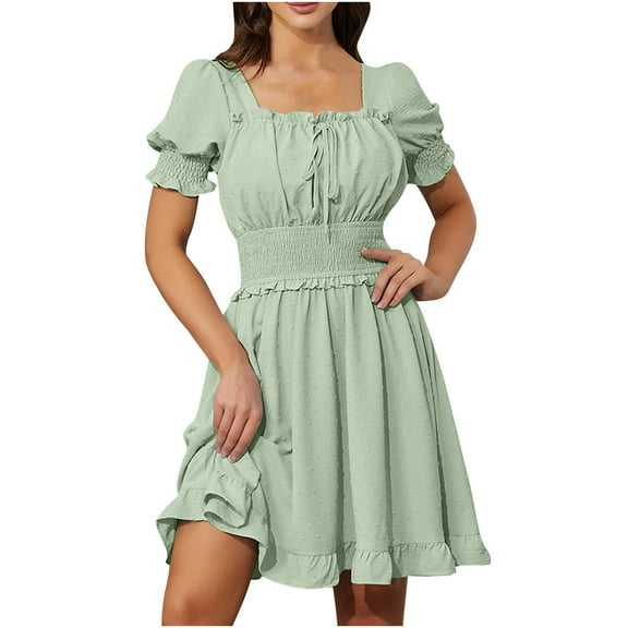 XuJwPNcy Summer Dresses for Women Smocked Elastic Waist Mini Dresses Short Sleeve Backless Tie Back Dress