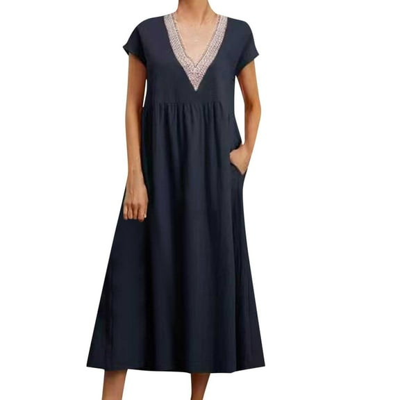 Yuzhih Summer Dresses for Women Short Sleeve Lace V Neck Midi Dress Casual Loose Beach Dresses with Pockets