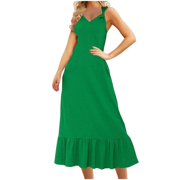 XuJwPNcy Summer Dresses for Women Trendy V Neck Tie Strap Midi Dress Ruffle Hem Sleeveless Solid Sundress