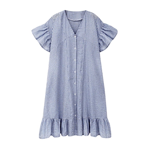 XuJwPNcy Summer Dresses for Women Cute Short Sleeve Button down Shirt Dress Plus Size Casual Ruffle Hem Dresses