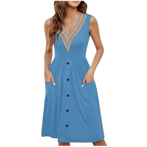 XuJwPNcy Summer Dresses for Women Elegant Lace V Neck Dresses Sleeveless High Waisted Casual Midi Dress with Pockets