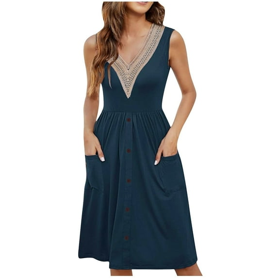XuJwPNcy Summer Dresses for Women Elegant Lace V Neck Dresses Sleeveless High Waisted Casual Midi Dress with Pockets