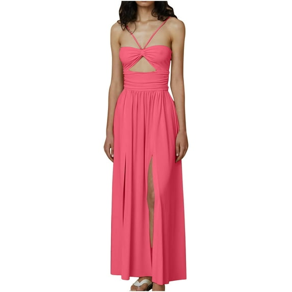 XuJwPNcy Summer Dresses for Women Spaghetti Strap Cutout Backless Cami Dress Sleeveless Split Hem Flowy Beach Maxi Dresses