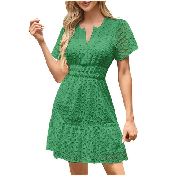 XuJwPNcy Summer Dresses for Women V Neck Short Sleeve A-Line Dress Hollow out Cute Casual Beach Party Dresses