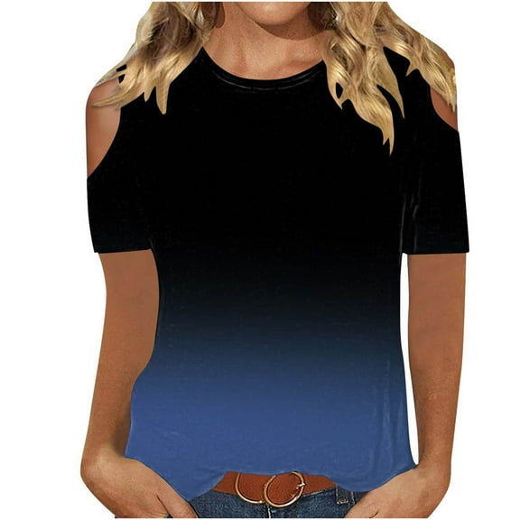 Yuzhih Summer Shirts for Women Cold Shoulder Crewneck Tops Short Sleeve Casual Loose Basic Tee Trendy Clothes