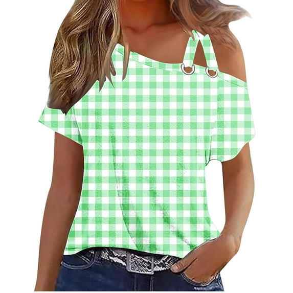 XuJwPNcy Summer Shirts for Women Cold Shoulder Short Sleeve Asymmetrical Neck Tops Vacation Loose Casual Tees