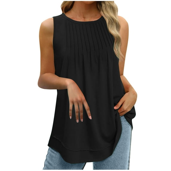 Yuzhih Summer Tank Tops for Women Casual Loose Round Neck Sleeveless Tshirts Fashion Pleated Curvy Hem Flowy Tops