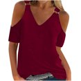 thumbnail image 1 of Yuzhih Summer Tops Womens Cold Shoulder V Neck Short Sleeve Loose Basic Tee Casual Tops Blouse 2025, 1 of 5