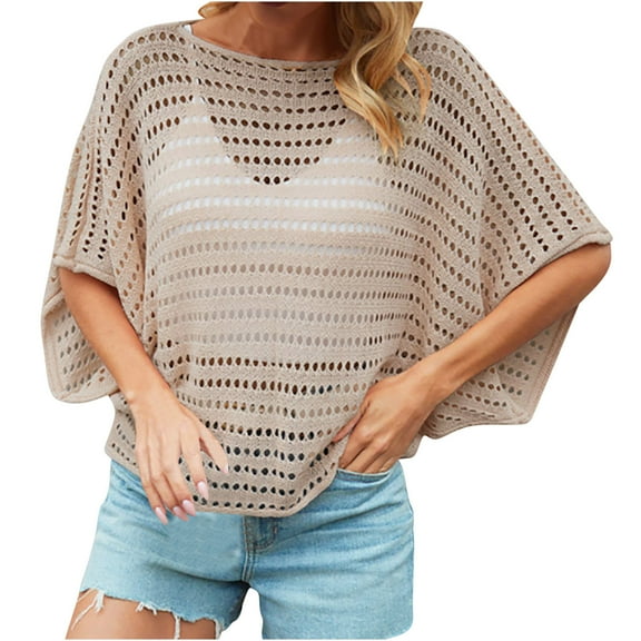 XuJwPNcy Summer Tops for Women Half Sleeve Crochet Sweaters Hollow out Knit Shirts Cover up Crewneck Tees