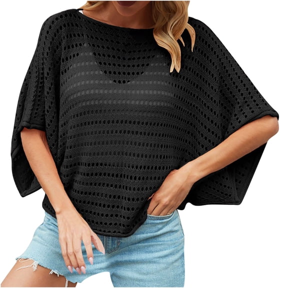 Yuzhih Summer Tops for Women Half Sleeve Crochet Sweaters Hollow out Knit Shirts Cover up Crewneck Tees