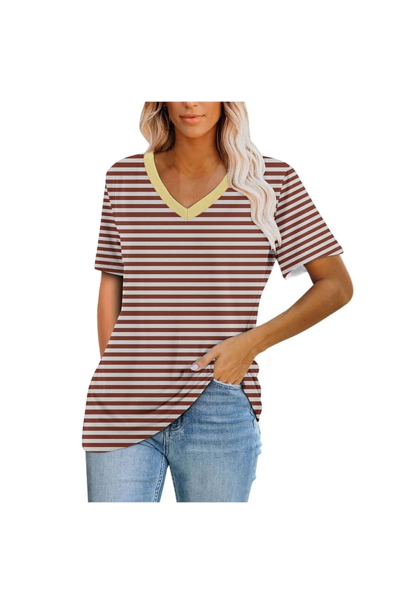 Summer Tops for Women V Neck Short Sleeve Stripe Printed Tshirts Casual Baggy Comfy Basic Shirts
