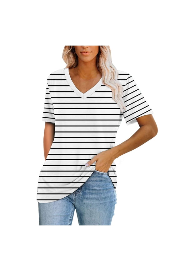 Summer Tops for Women V Neck Short Sleeve Stripe Printed Tshirts Casual Baggy Comfy Basic Shirts