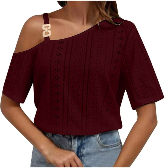 XuJwPNcy Summer Tops for Women Short Sleeve Hollow out Asymmetrical Neck Tops Cold Shoulder Loose Casual Tees