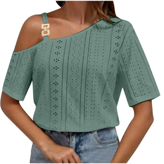Yuzhih Summer Tops for Women Short Sleeve Hollow out Asymmetrical Neck Tops Cold Shoulder Loose Casual Tees