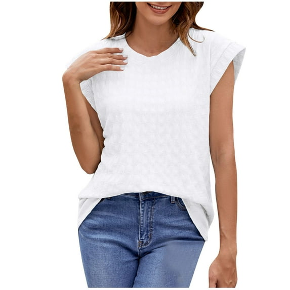 XuJwPNcy Summer Tops for Women Round Neck Cap Sleeve Fashion Solid Tshirts Loose Comfy Vacation Shirts