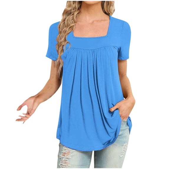 Yuzhih Summer Tops for Women Square Neck Short Sleeve Shirts Pleated Casual Flowy T Shirts Summer Tunic Blouse Tops