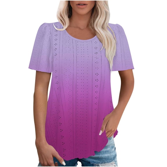 XuJwPNcy Summer Tunic Tops for Women Trendy Casual Short Sleeve Crewneck Eyelet Blouses Curved Hem Tunic