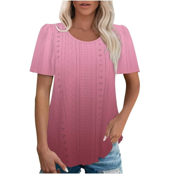 Yuzhih Summer Tunic Tops for Women 2025 Trendy Casual Short Sleeve Crewneck Eyelet Blouses Curved Hem Tunic