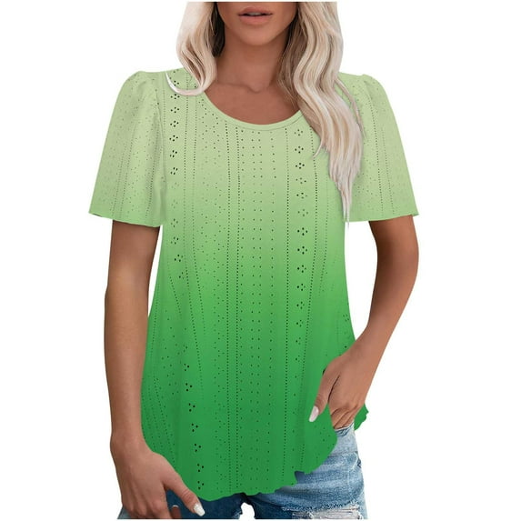Yuzhih Summer Tunic Tops for Women 2025 Trendy Casual Short Sleeve Crewneck Eyelet Blouses Curved Hem Tunic
