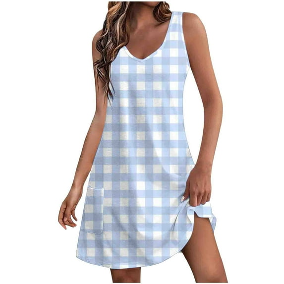 Yuzhih Sundresses for Women 2024 V Neck Sleeveless Tunic Tank Dresses Summer Beach Printed Mini Dresses