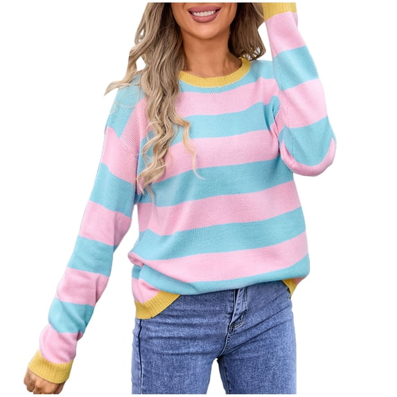 XuJwPNcy Sweaters for Women Fashion Striped Crew Neck Long Sleeve Soft Cozy Knit Pullover Top Casual Baggy Sweater