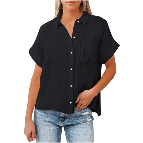 XuJwPNcy T Shirts for Women Short Sleeve V Neck Tops Button with Pocket Blouses Cotton Linen Tees