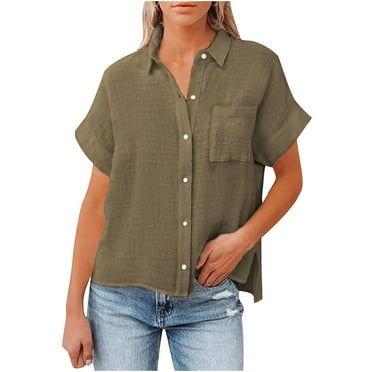 Yuzhih T Shirts for Women Short Sleeve V Neck Tops Button with Pocket Blouses Cotton Linen Tees