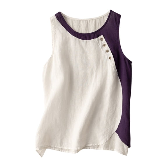 XuJwPNcy Tank Tops for Women Casual Cotton Linen Crewneck Tank Shirts Summer Color Block Sleeveless Blouses