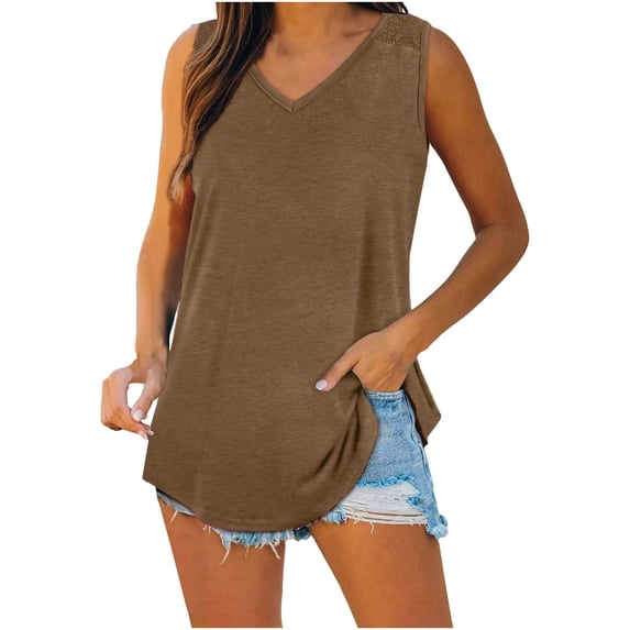 Yuzhih Tank Tops for Women 2024 Casual Loose Solid Curvy Hem Tshirts Summer Sleeveless V Neck Fashion Tops