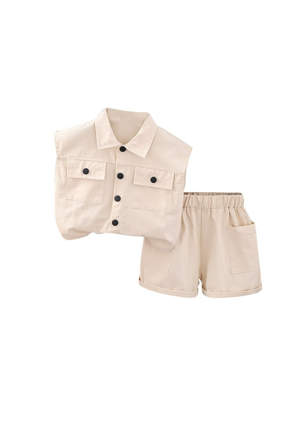 Toddler Boys Girls Fashion Outfits Sleeveless Lapel Buttons down Tank Shirts with Pockets Loose Cargo Shorts Sets