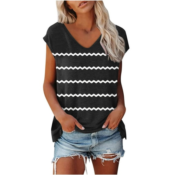 XuJwPNcy Tops for Women Casual Loose Cap Sleeve Print Tshirts Summer V Neck Basic Blouses Trendy Outfits