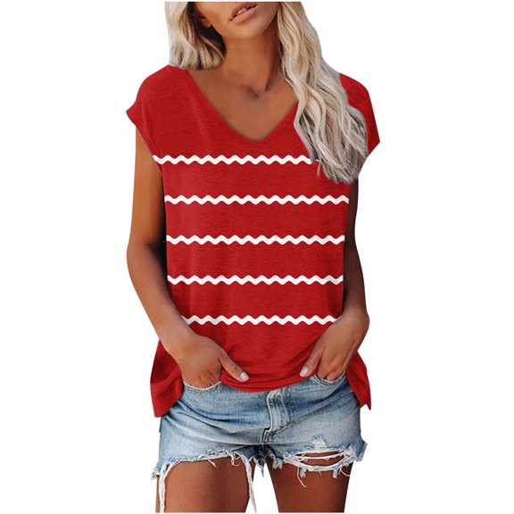 XuJwPNcy Tops for Women Casual Loose Cap Sleeve Print Tshirts Summer V Neck Basic Blouses Trendy Outfits