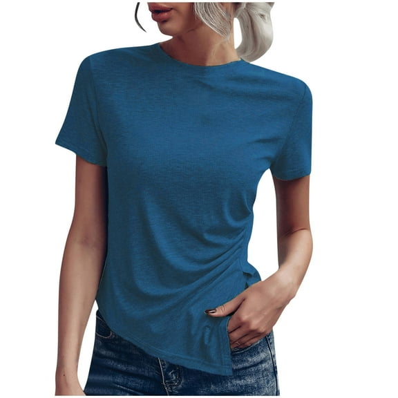 XuJwPNcy Tops for Women Short Sleeve Shirt Fashion Summer Crew Neck Tees Curved Hem Basic T-Shirt