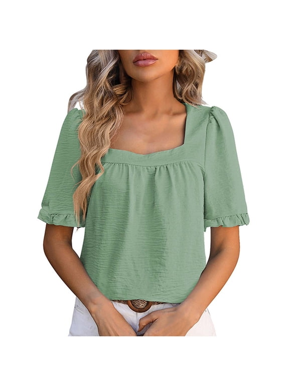 Tops for Women Summer Casual Solid Color Tee Square Neck Blouse Short Sleeve T Shirts