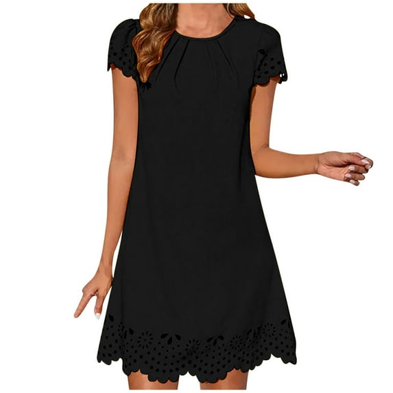 XuJwPNcy Tshirt Dress Women Summer Crewneck Short Sleeve Dresses Hollow Trim Ruch Front Casual Loose Dress