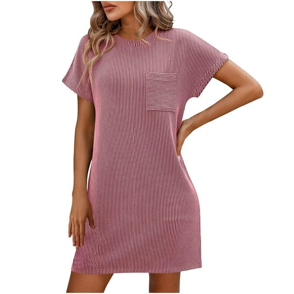 Yuzhih Tshirt Dress Women Casual Crewneck Striped Textured Mini Dress 2024 Summer Short Sleeve Dresses with Pockets