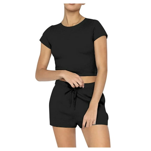 XuJwPNcy Two Piece Lounge Sets Womens Round Neck Short Sleeve Crop Top and Drawstring Shorts Tracksuit Outfits