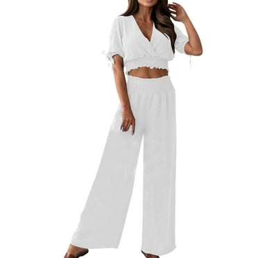 Yuzhih Two Piece Outfit for Women Short Sleeve V Neck Crop Top with Wide Leg Pants Summer Beach Vacation Set