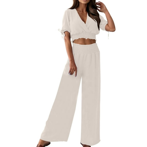 Yuzhih Two Piece Outfit for Women Short Sleeve V Neck Crop Top with Wide Leg Pants Summer Beach Vacation Set